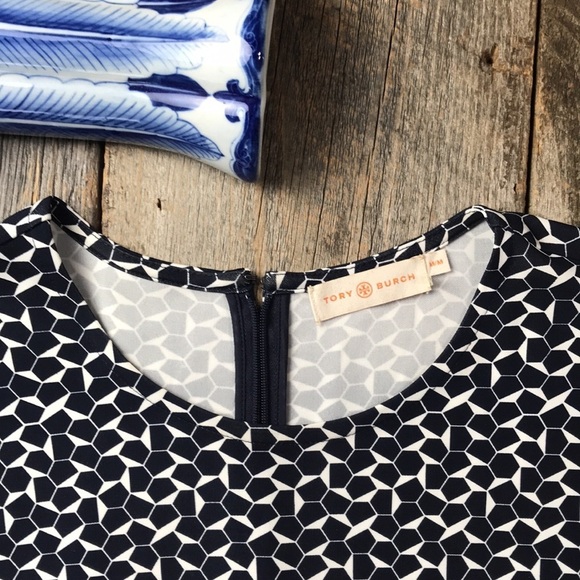Tory Burch Geometric Long Sleeve Navy Sheath Dress Size Medium - Picture 9 of 13